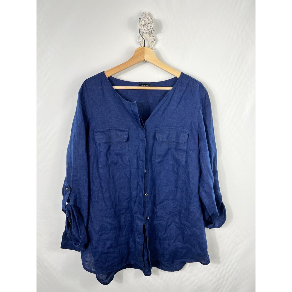 Talbots Linen Shirt Navy Button Roll Tab Sleeve Pockets Beachy Coastal Size L